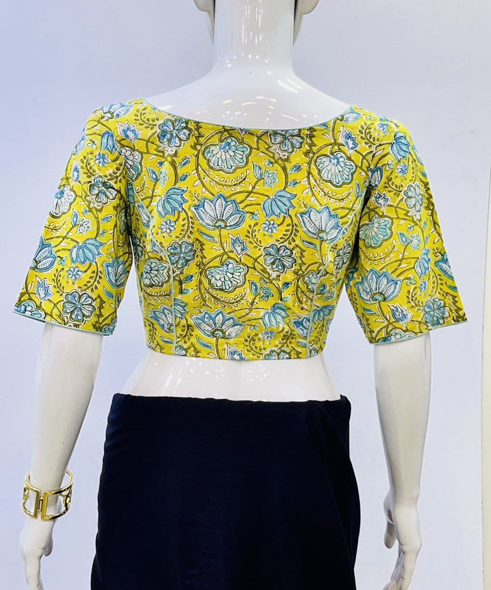 Yellow blue handblock printed cotton blouse