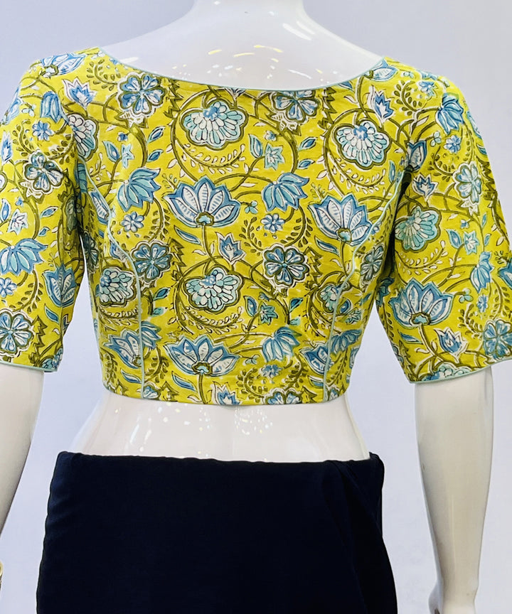 Yellow blue handblock printed cotton blouse