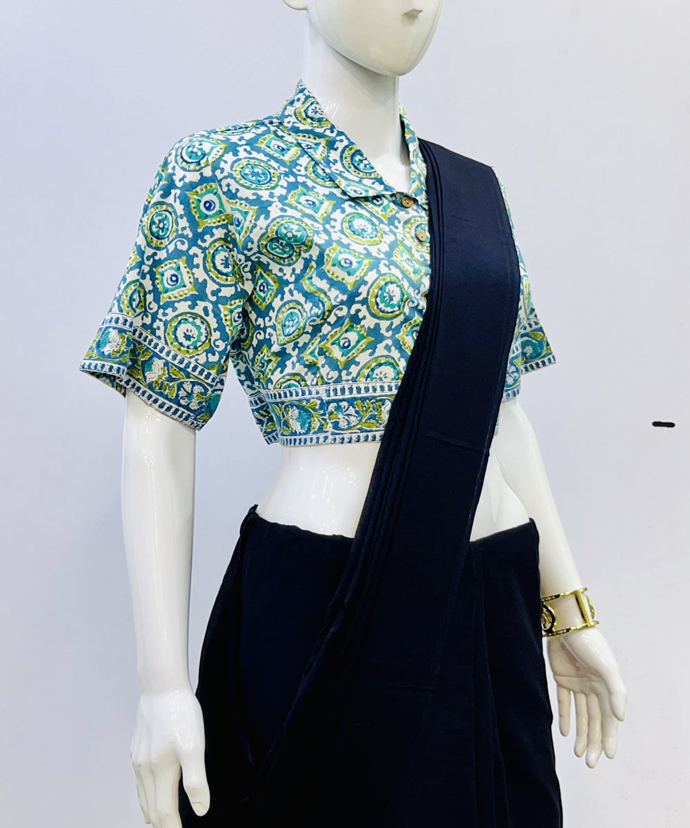 Light blue handblock printed cotton blouse