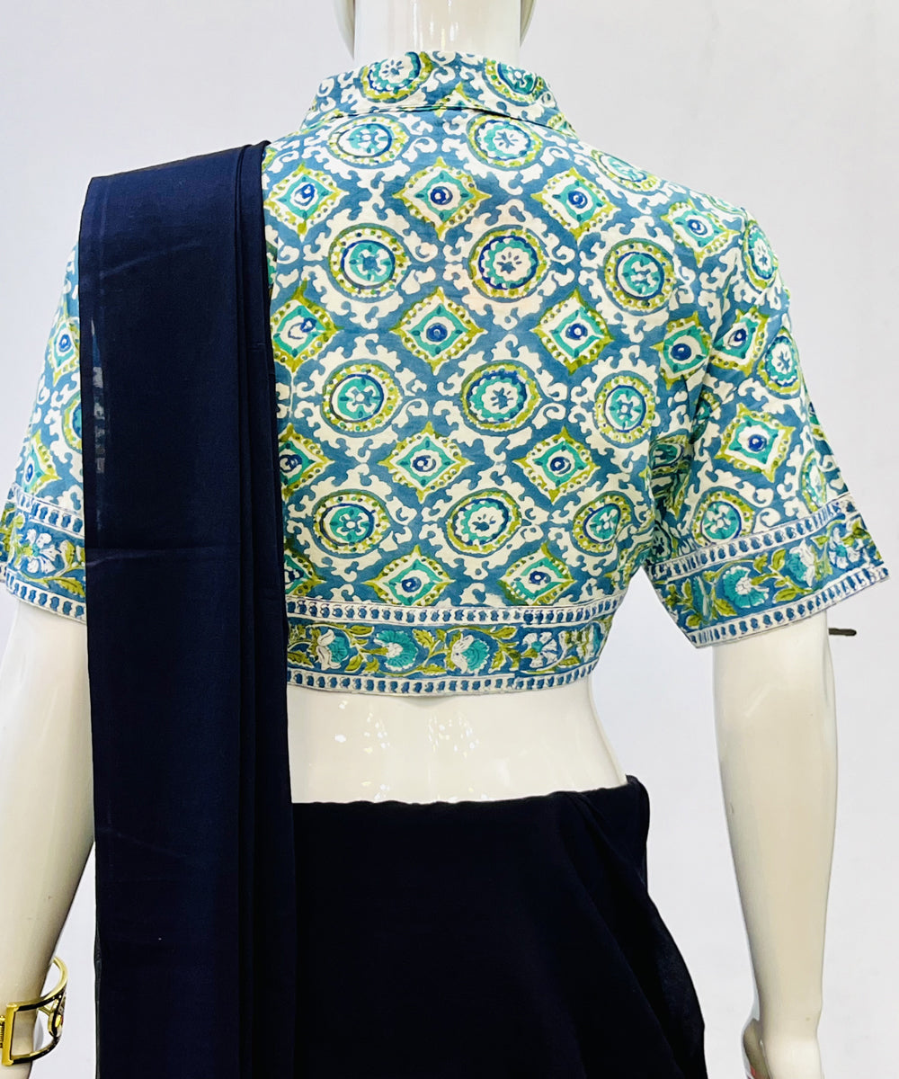 Light blue handblock printed cotton blouse