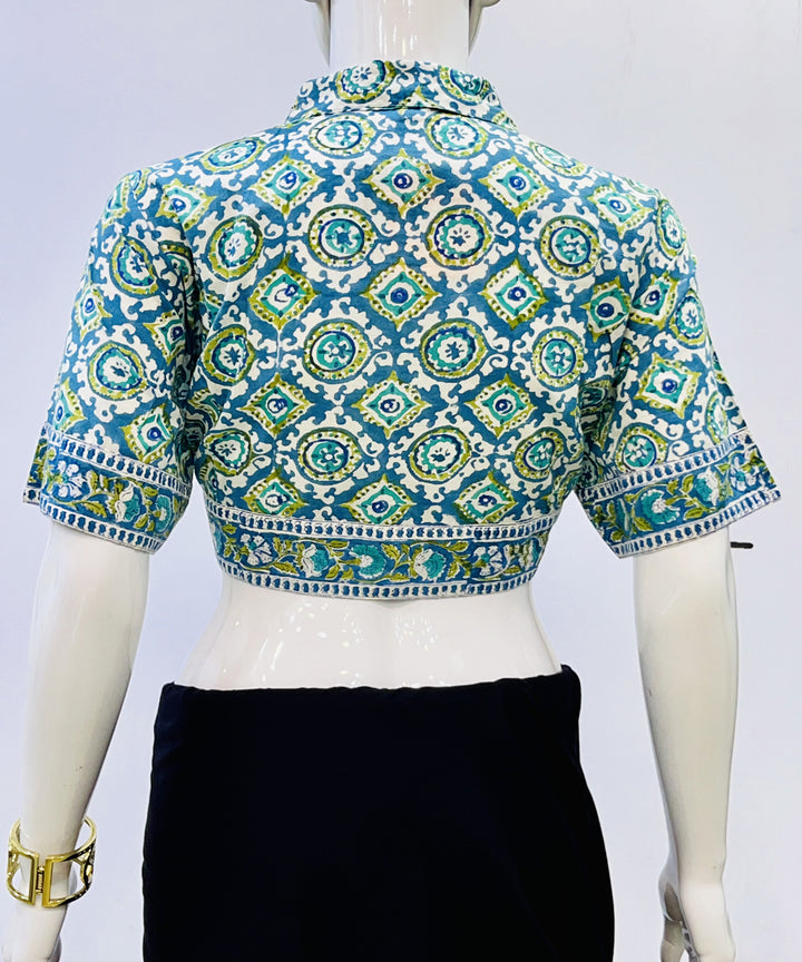 Light blue handblock printed cotton blouse