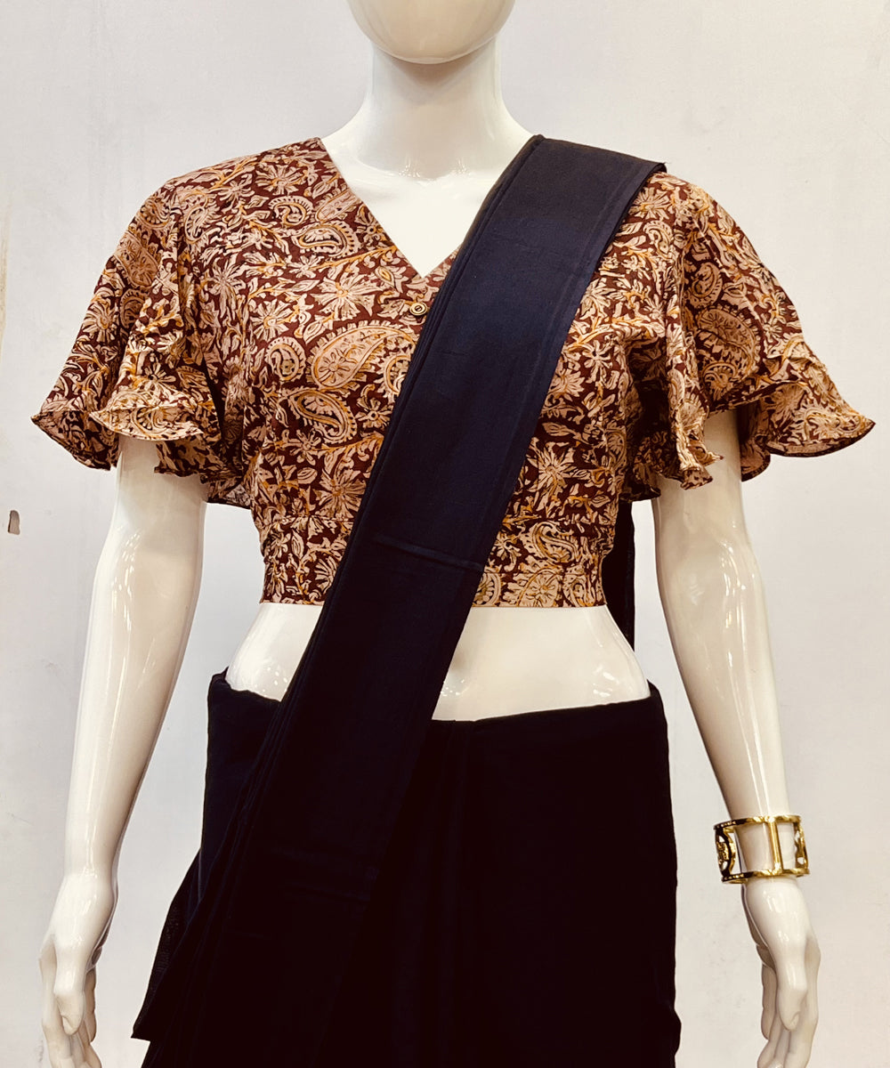 Beige red kalamkari handblock printed cotton blouse