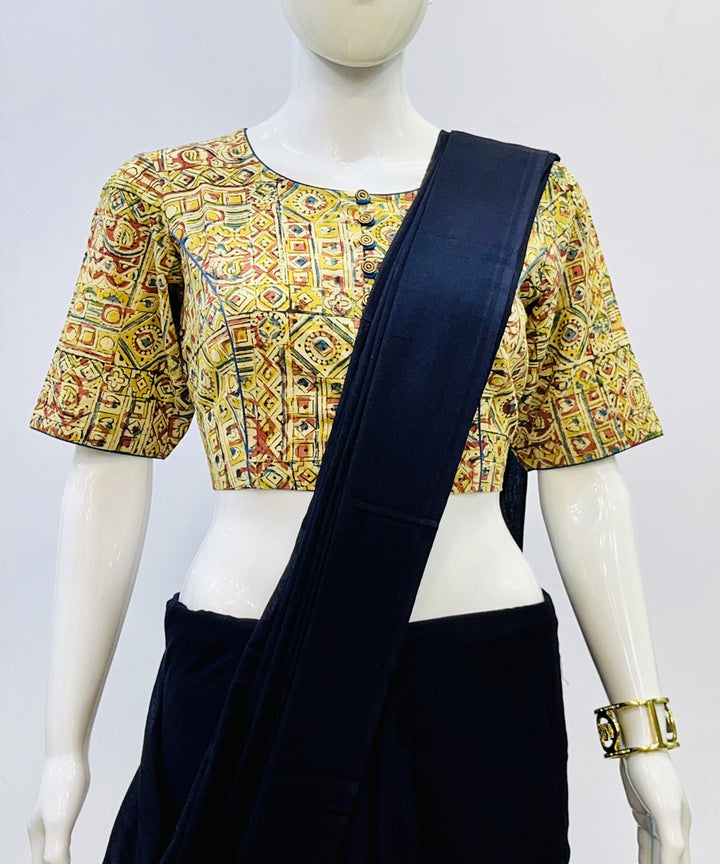 Yellow kalamkari hand block printed cotton blouse