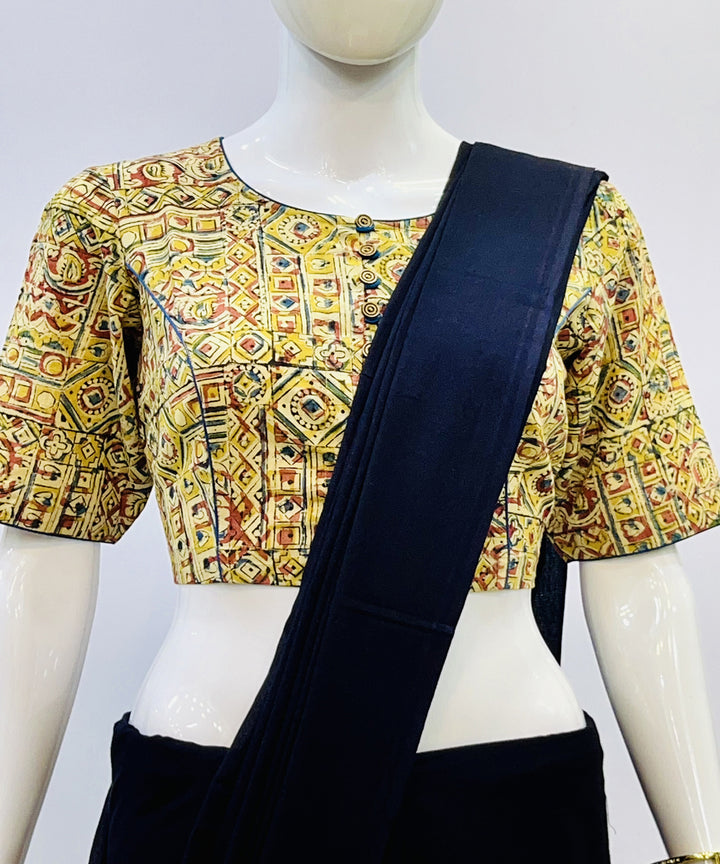 Yellow kalamkari hand block printed cotton blouse