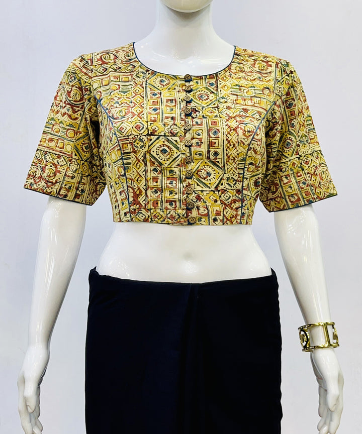 Yellow kalamkari hand block printed cotton blouse