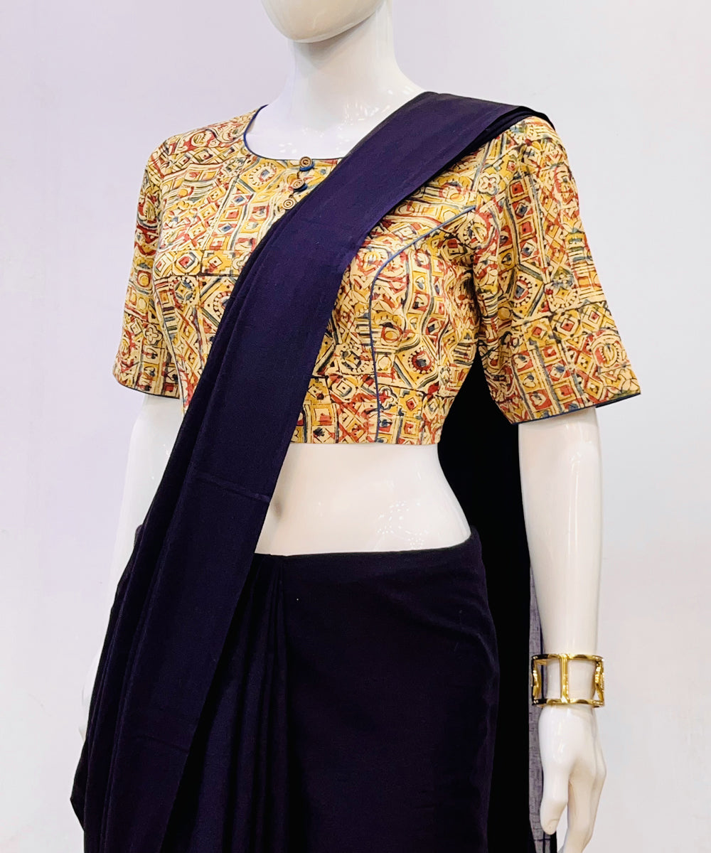 Yellow kalamkari hand block printed cotton blouse