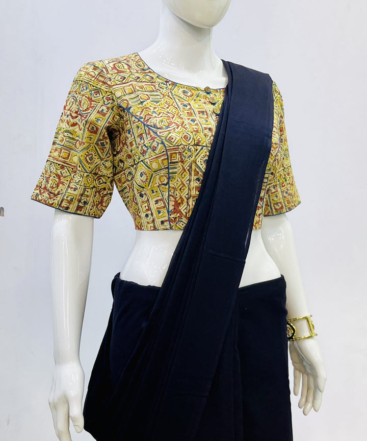 Yellow kalamkari hand block printed cotton blouse