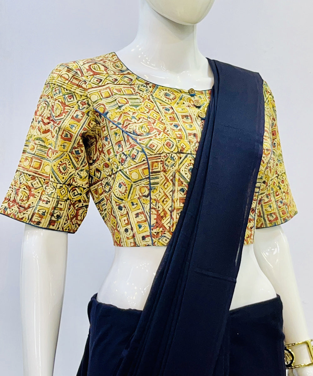 Yellow kalamkari hand block printed cotton blouse