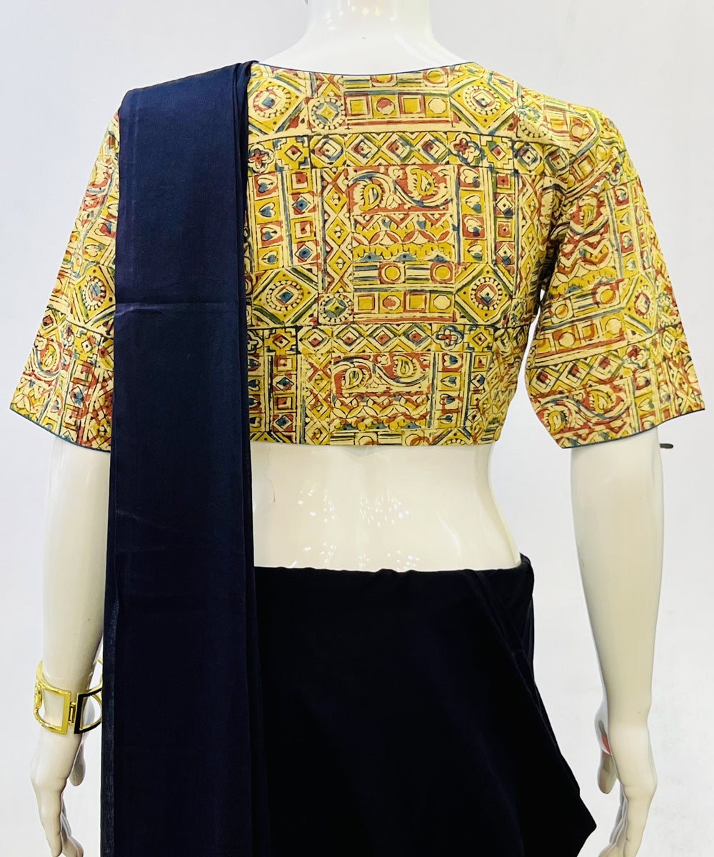 Yellow kalamkari hand block printed cotton blouse