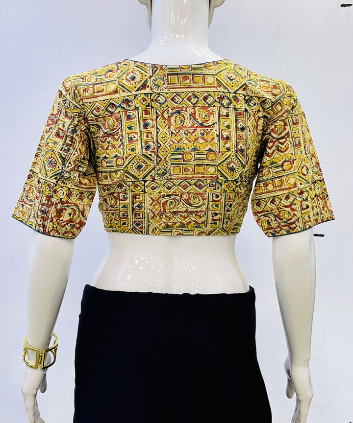 Yellow kalamkari hand block printed cotton blouse