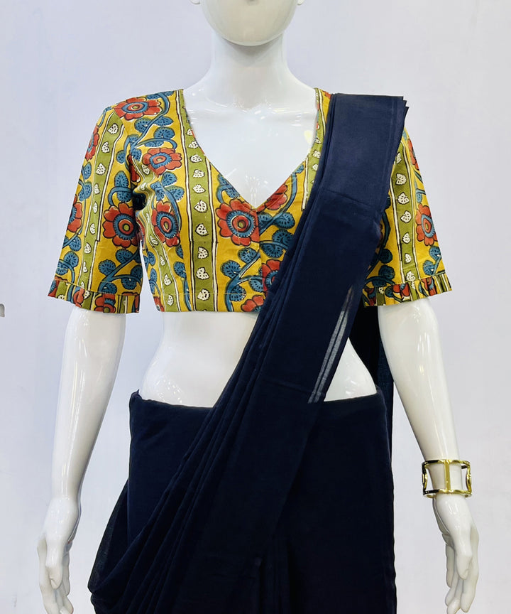 Yellow red green kalamkari handblock printed cotton blouse