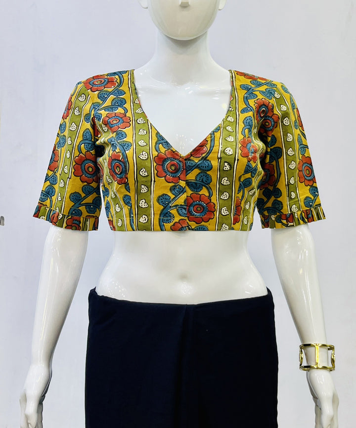 Yellow red green kalamkari handblock printed cotton blouse