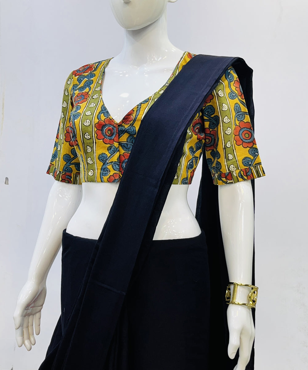 Yellow red green kalamkari handblock printed cotton blouse