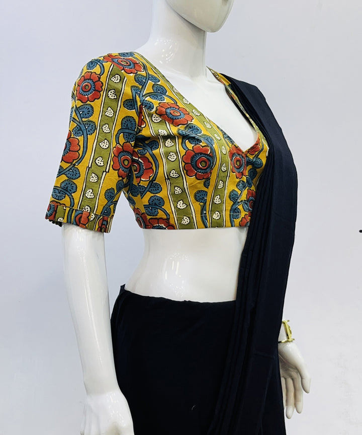 Yellow red green kalamkari handblock printed cotton blouse