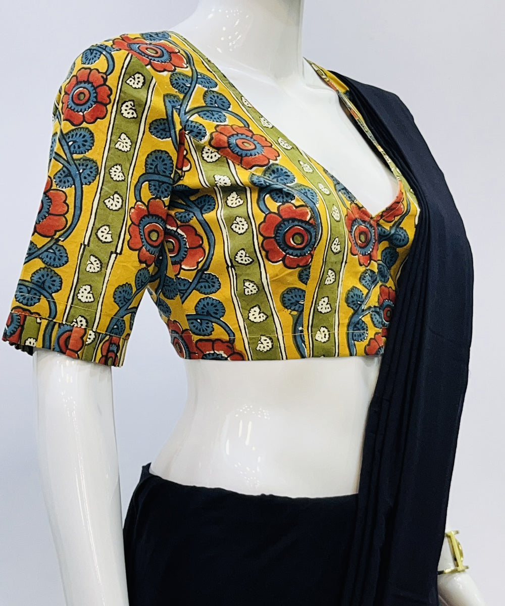 Yellow red green kalamkari handblock printed cotton blouse