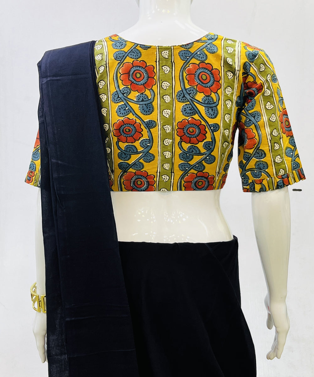 Yellow red green kalamkari handblock printed cotton blouse