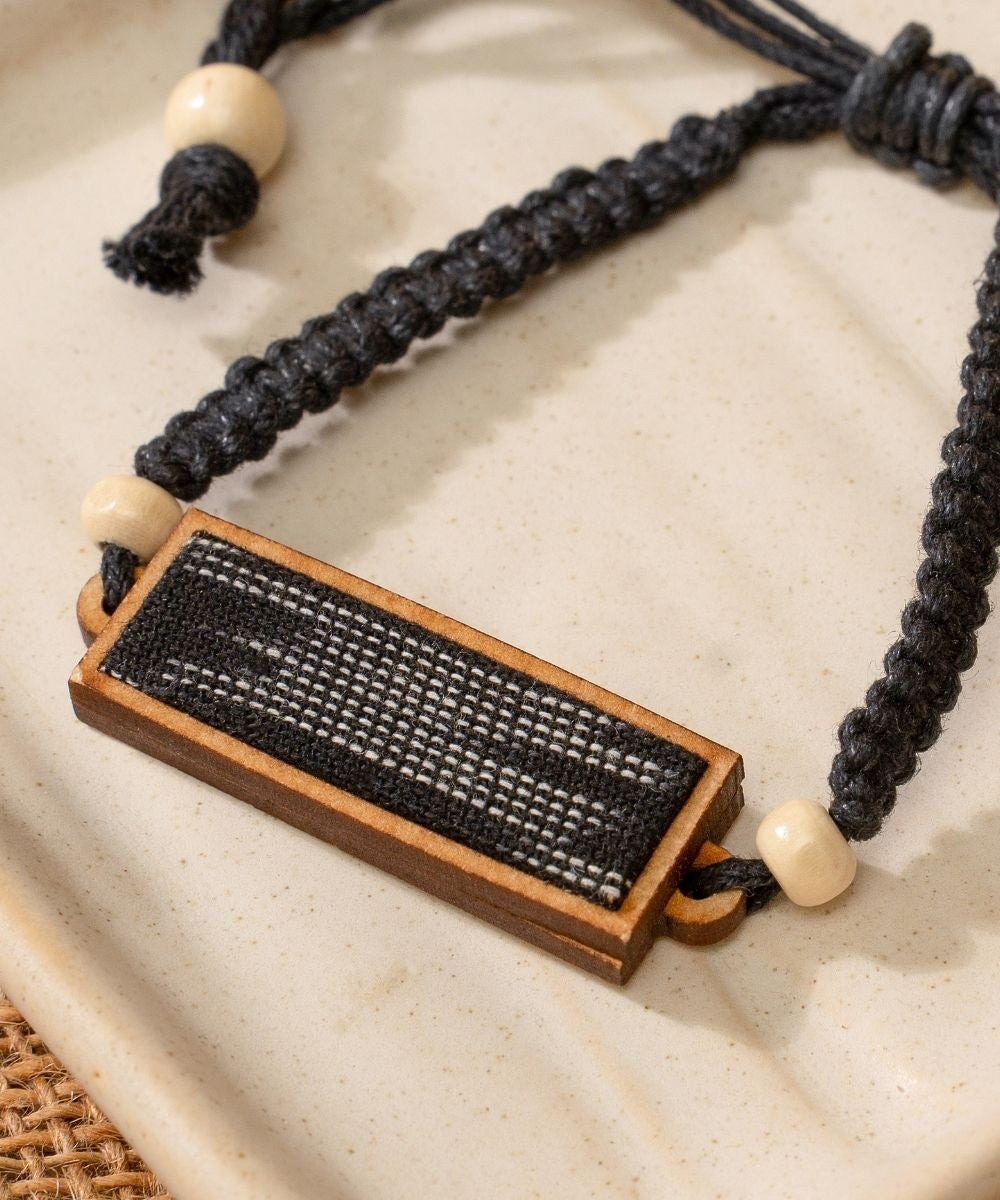 Black repurposed fabric and wood unisex bracelet