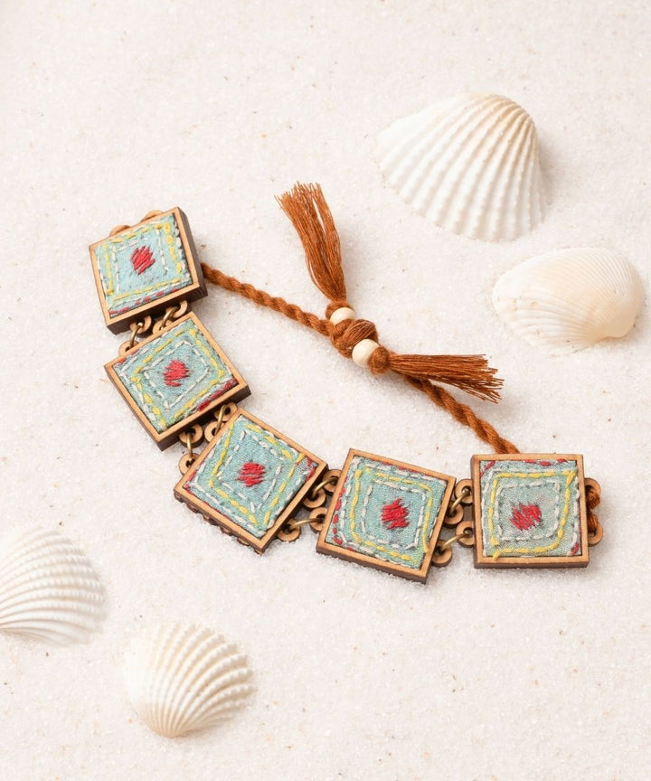 Columbia blue kantha repurposed silk fabric and wood beads bracelet