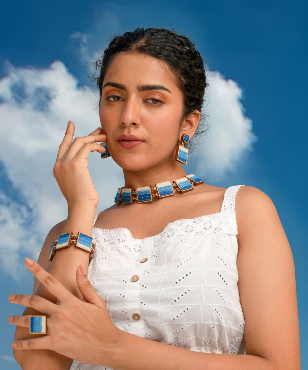 Shades of indigo blue repurposed fabric wood square bracelet