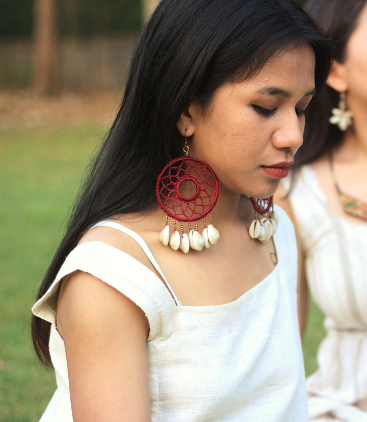 Hand crotcheted round maroon handcrafted shell earring