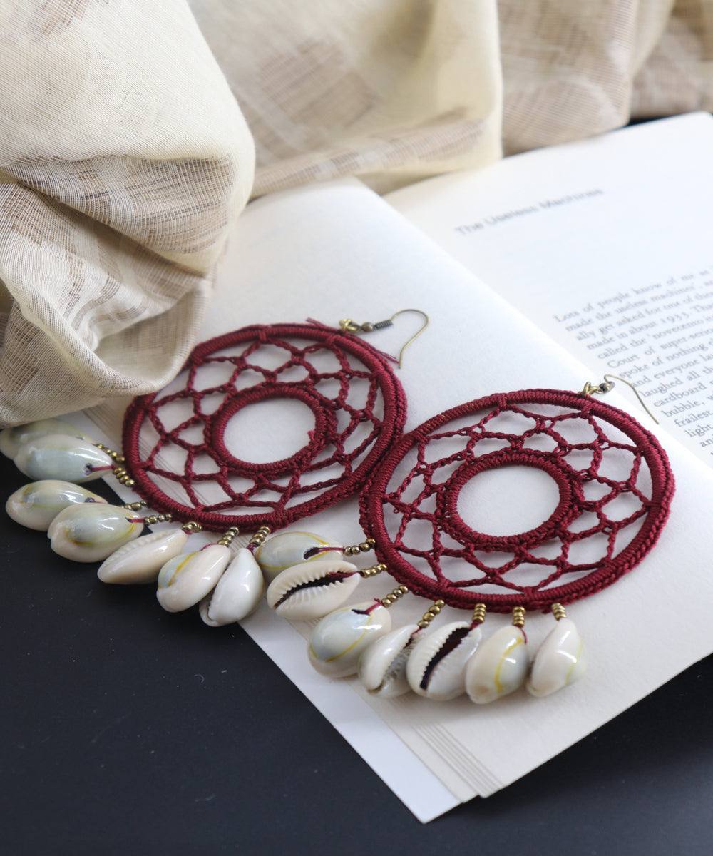 Hand crotcheted round maroon handcrafted shell earring