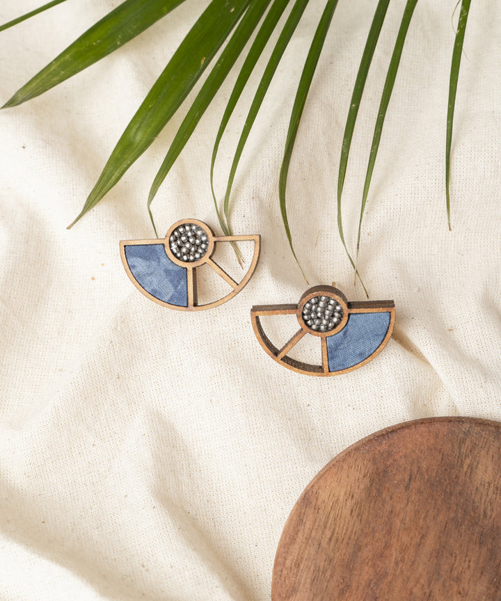 Blue handcraft geometrical upcycled fabric and repurposed wood earring