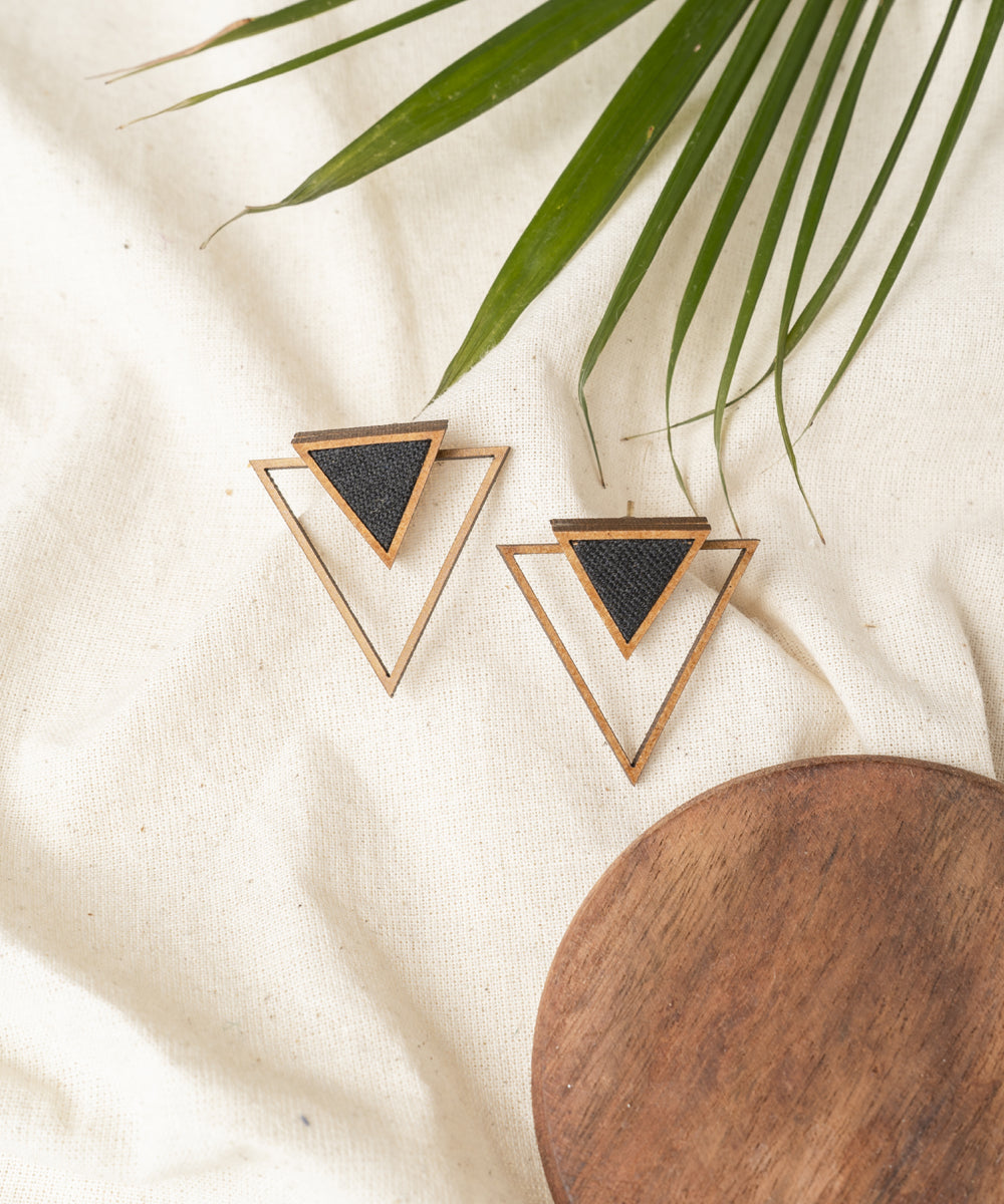 Black two look in one upcycled fabric and repurposed wood earring