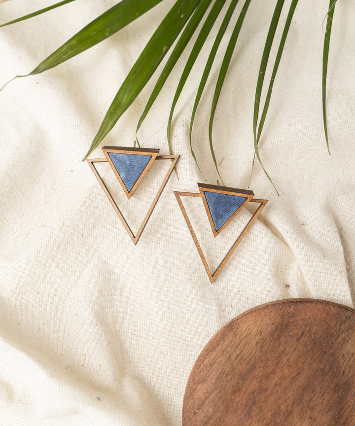 Blue two look in one upcycled fabric and repurposed wood earring