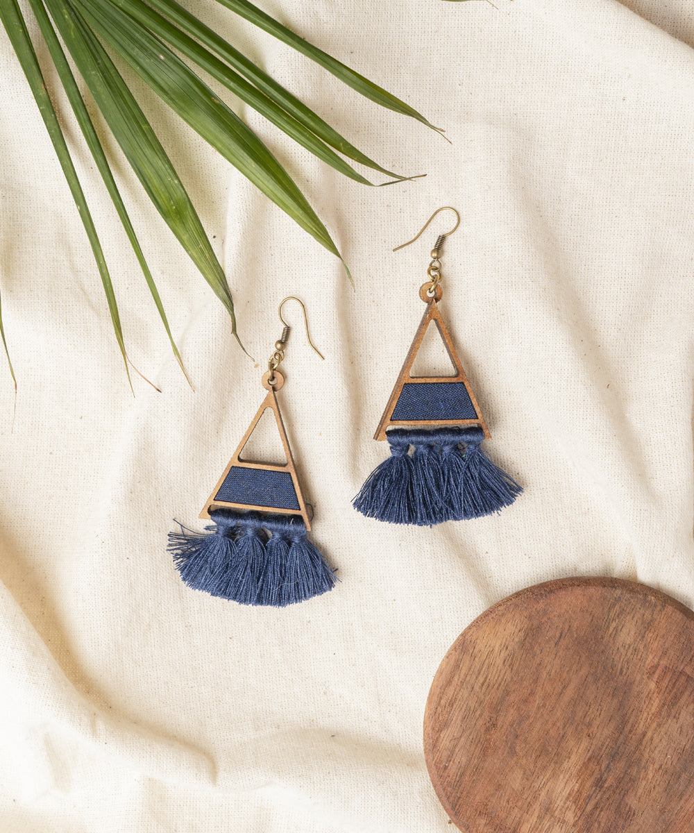 Blue triangle upcycled fabric and repurposed wood earring with tassels
