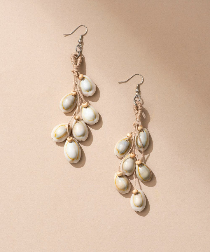 Beige handmade trendy jute cowry earrings