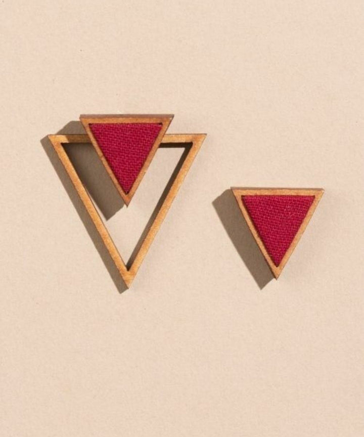 Maroon handmade upcycled fabric repurposed wood triangle earring