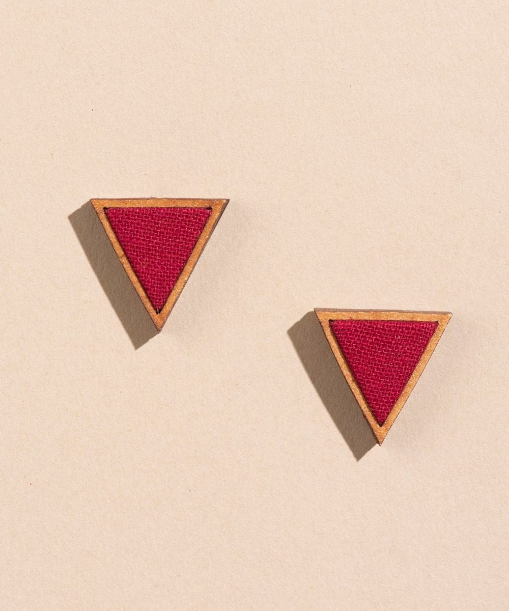 Maroon handmade upcycled fabric repurposed wood triangle earring