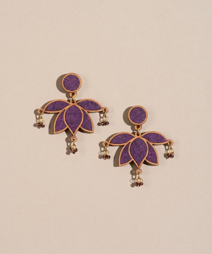 Purple lotus upcycled fabric repurposed wood statement earrings