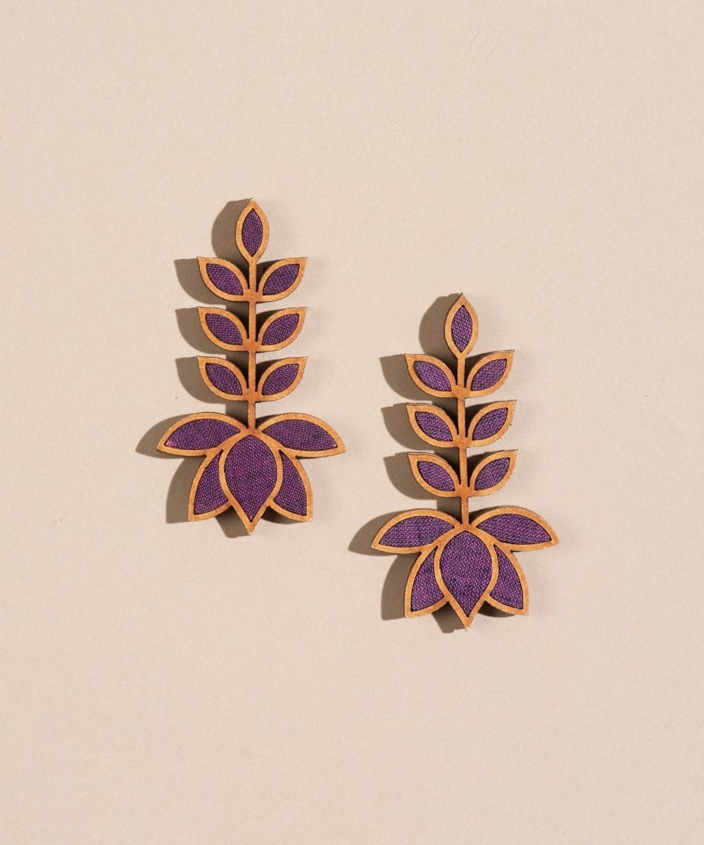 Purple leaf motif upcycled fabric repurposed wood earrings