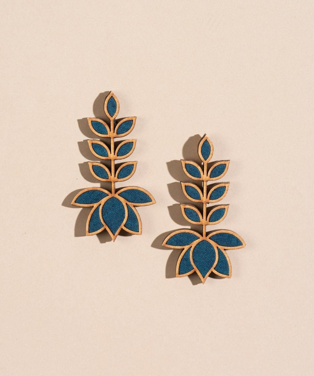 Teal leaf motif upcycled fabric repurposed wood earrings