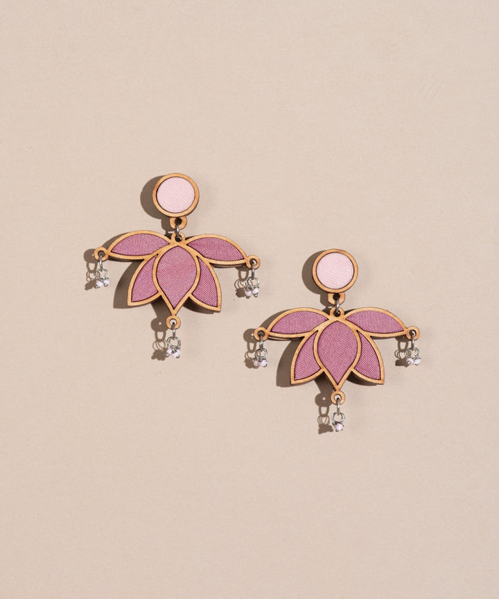 Pink white handmade upcycled earring wood stud on brocade fabric