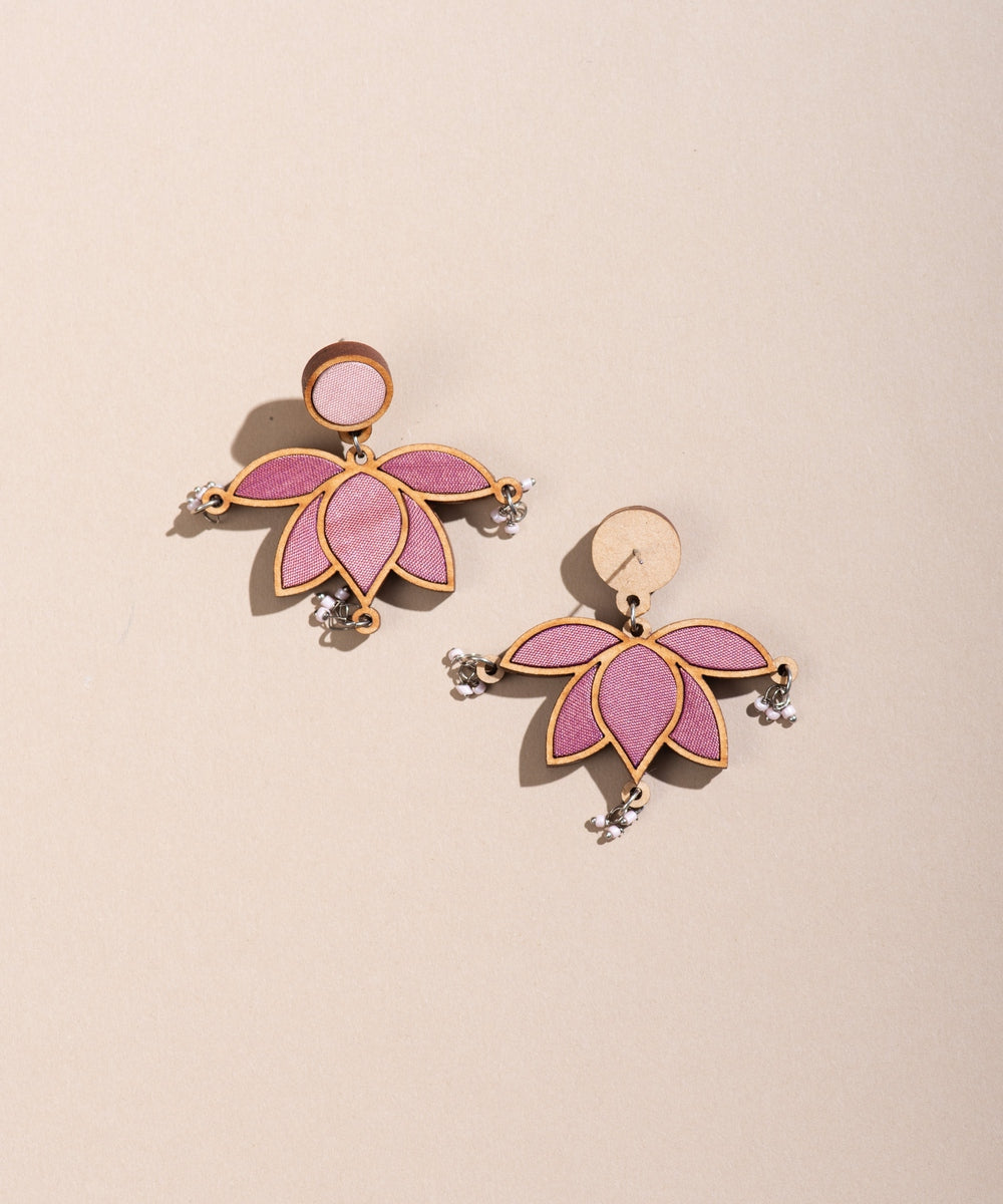 Pink white handmade upcycled earring wood stud on brocade fabric