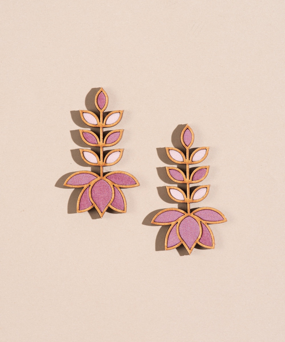 Pink handmade upcycled earring wood stud on brocade fabric