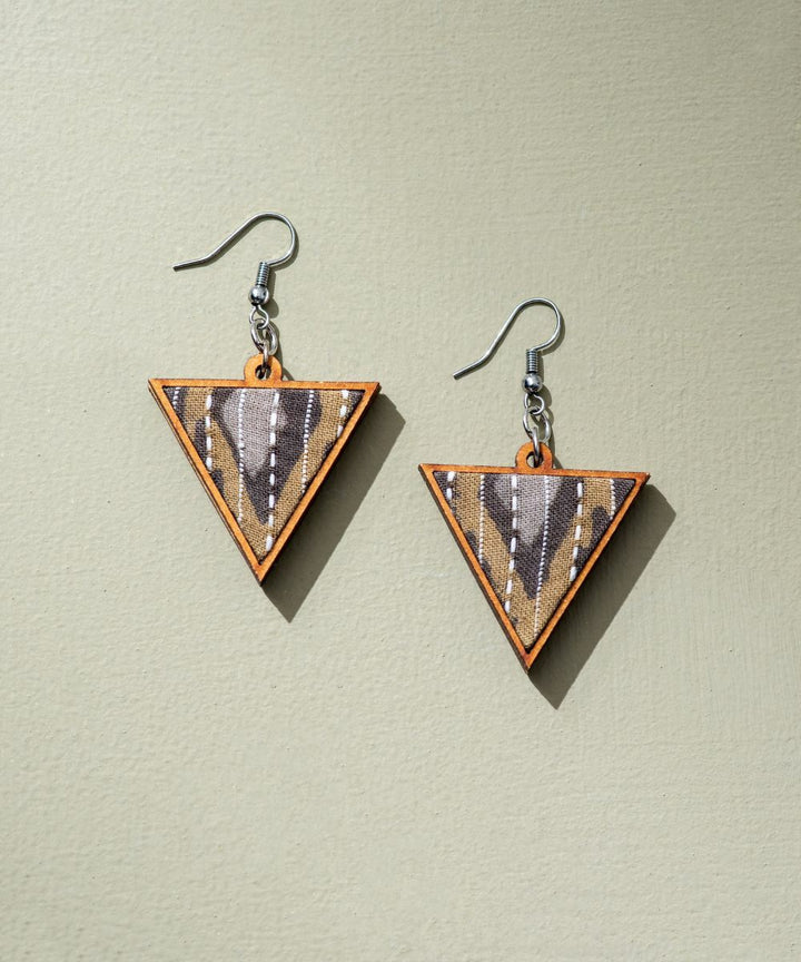 Brown upcycled fabric repurposed wood triangular earrings