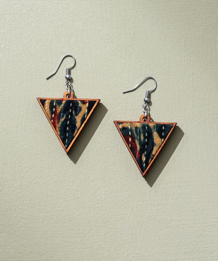 Green upcycled fabric repurposed wood triangular earrings