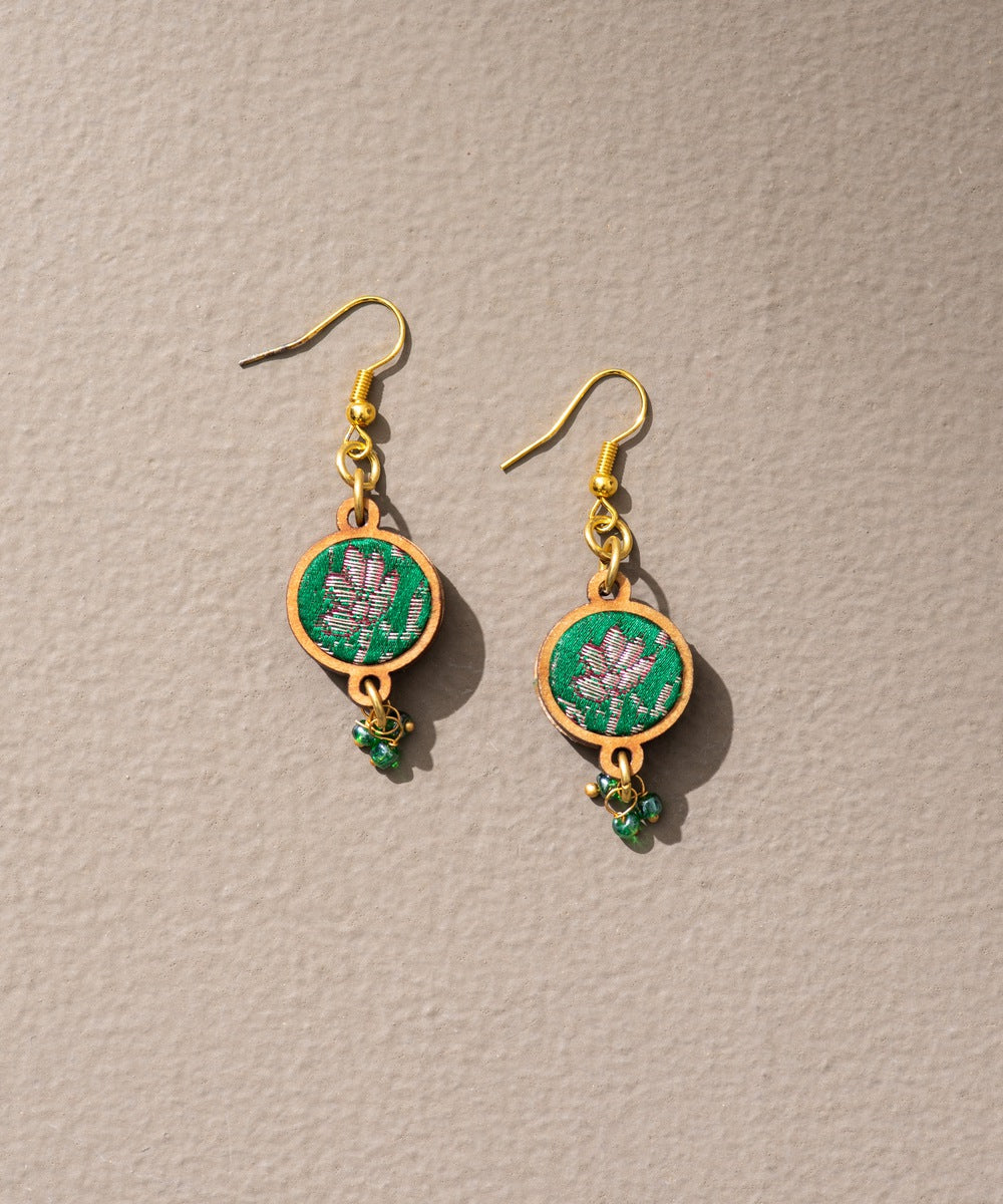 Green festive pure banarasi brocade fabric repurposed wood earrings