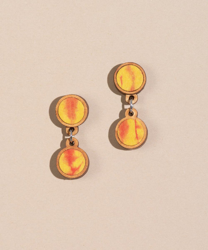 Yellow orange handcrafted tie dye repurposed wood fabric earring
