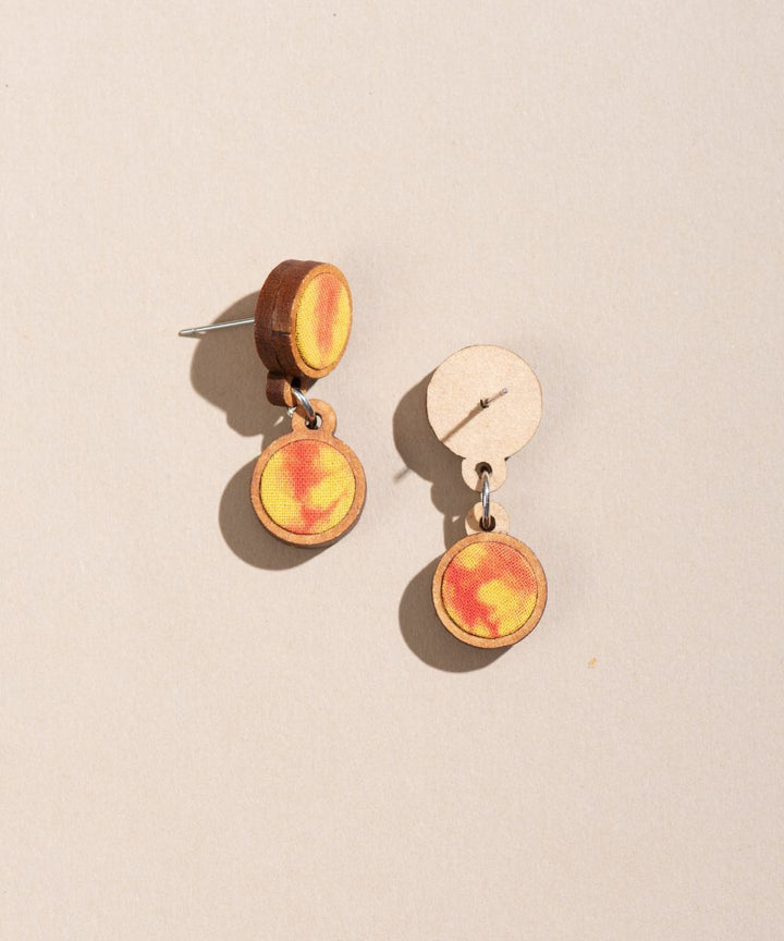 Yellow orange handcrafted tie dye repurposed wood fabric earring