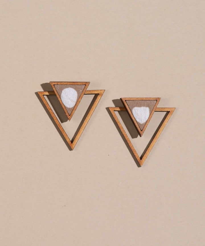 Beige two look in one upcycled fabric repurposed wood triangle earring