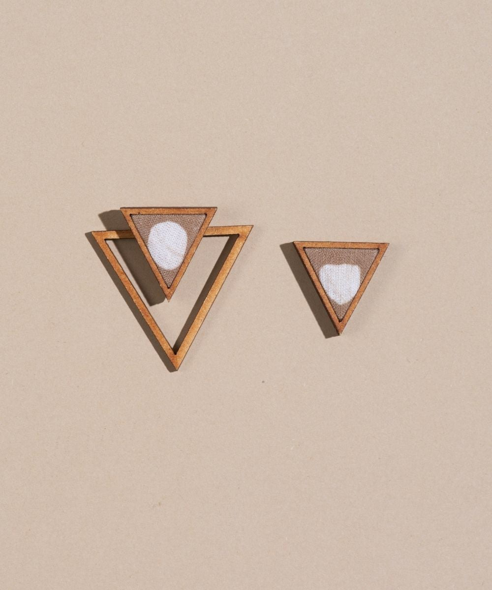 Beige two look in one upcycled fabric repurposed wood triangle earring