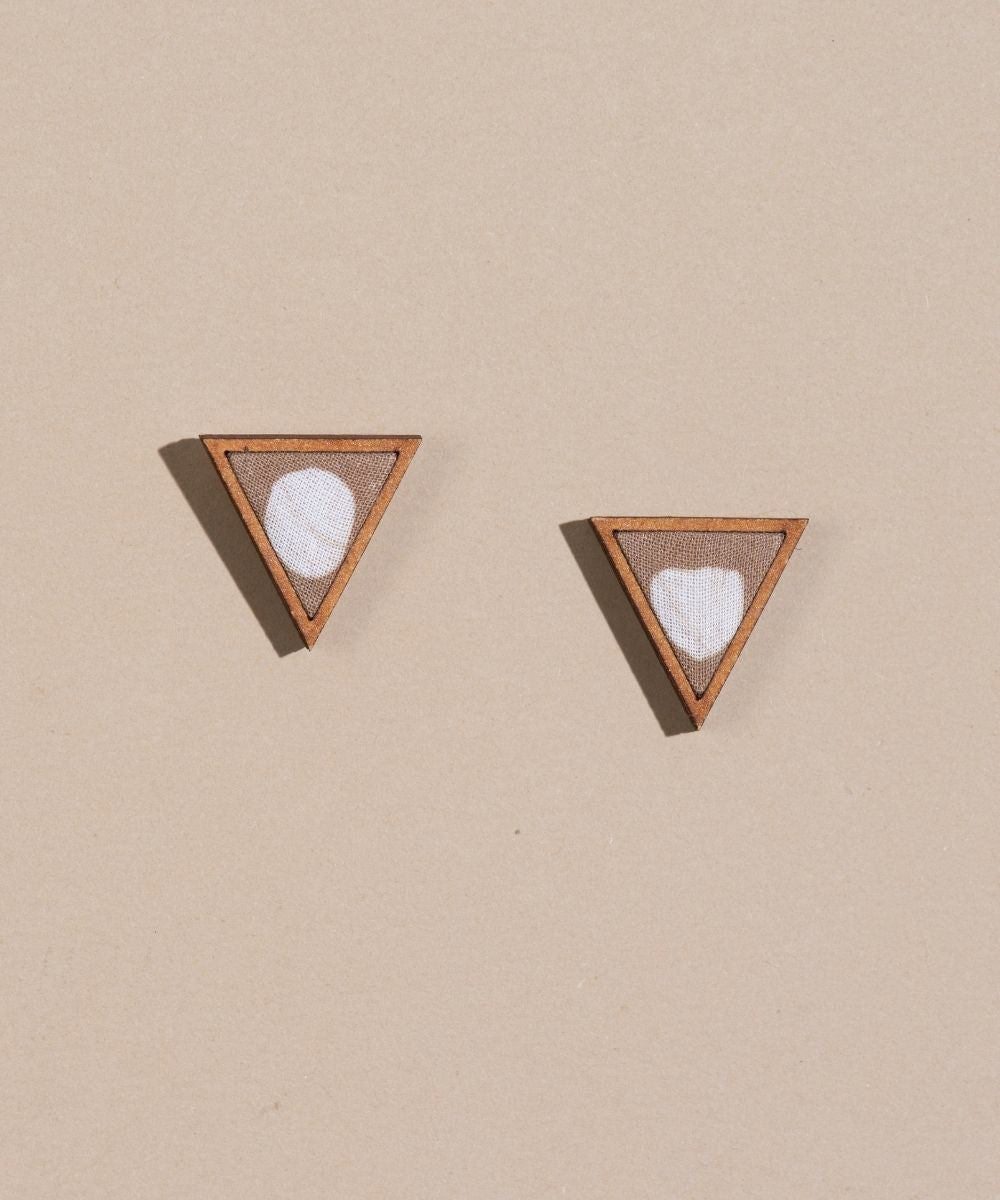 Beige two look in one upcycled fabric repurposed wood triangle earring