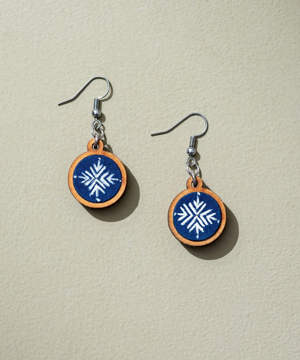 Blue white hand painted upcycled fabric wooden earrings