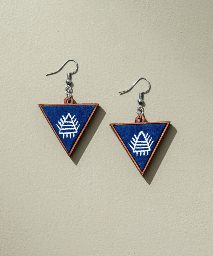 Blue painted upcycled fabric repurposed wood triangular earrings