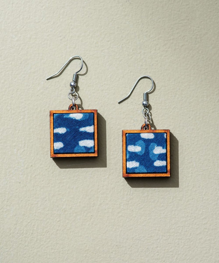 Indigo upcycled fabric repurposed wood square earrings