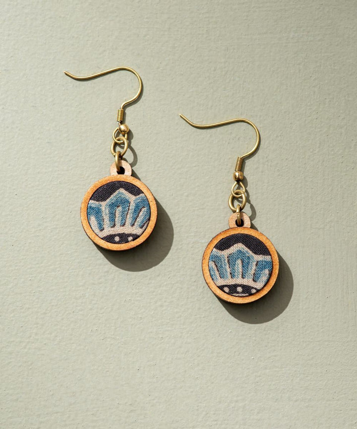 Blue black ajrakh fabric repurposed wood earrings